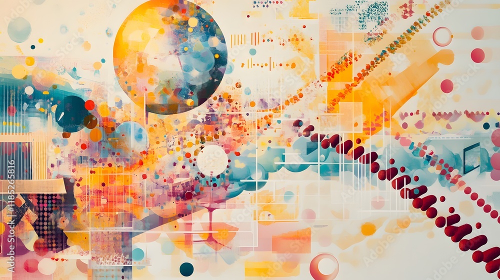 Poster abstract colorful composition featuring geometric shapes and dots