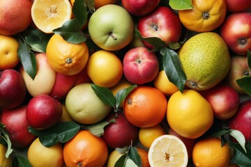 Fresh and Vibrant Assortment of Colorful Fruits with Green Leaves Including Apples, Oranges, Lemons, and Pears on a White Surface for Healthy Eating Concepts