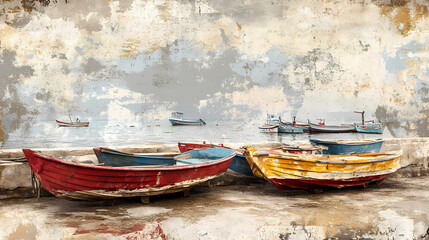 Obraz premium Marble wall are a panoramic photo of fishing boats and boats on the dock. Stormstone. Illustration