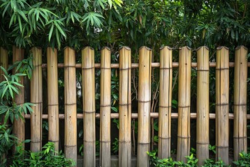 Bamboo leaves and bamboo fence background with space for your text