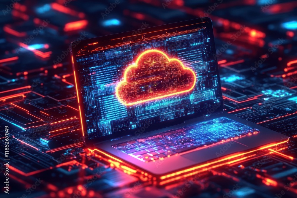 Aufkleber futuristic laptop with glowing cloud symbol illustrating cloud computing and digital data in cyberpu