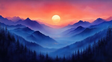 Obraz premium Majestic Sunset over Misty Mountains: A Serene Landscape