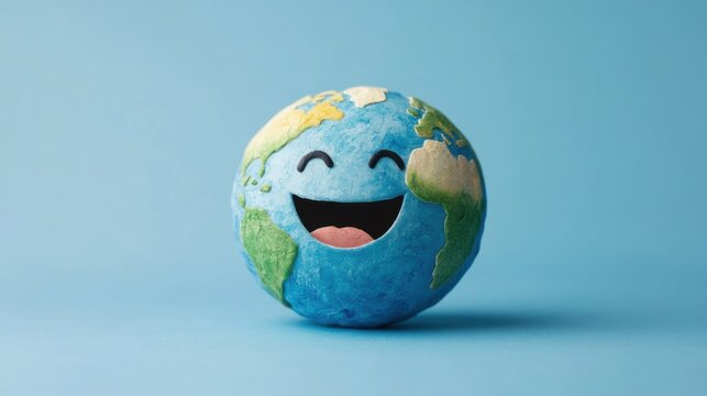 a blue and green globe with a smiley face - Powered by Adobe