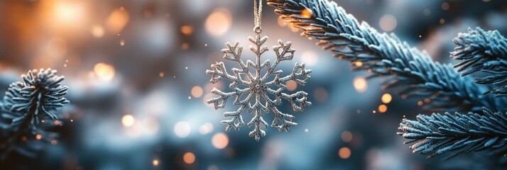 Winter Snowflake Amulet Hanging on Fir Tree in Snowy Forest at Imbolc Ritual