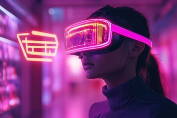 Woman in VR headset shopping in cyberspace with neon lights for Cyber Monday sales and online technology