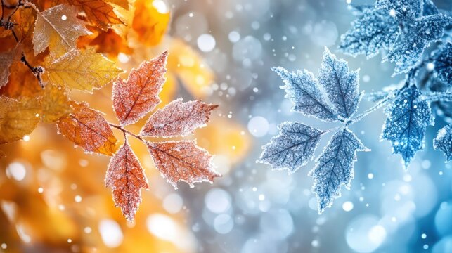 Autumn leaves transitioning to winter frost.