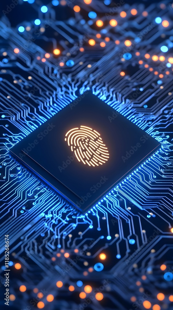 Poster fingerprint icon on microchip circuit board