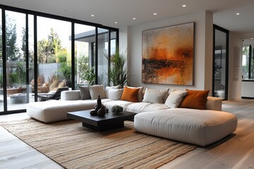 Modern Minimalist Living Room with Abstract Art and Cozy Furniture