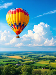 Obraz premium Hot Air Balloon Flying over Green Fields