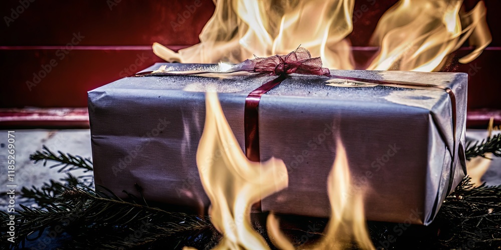 Poster a box of presents is on fire, with the flames licking at the edges of the box
