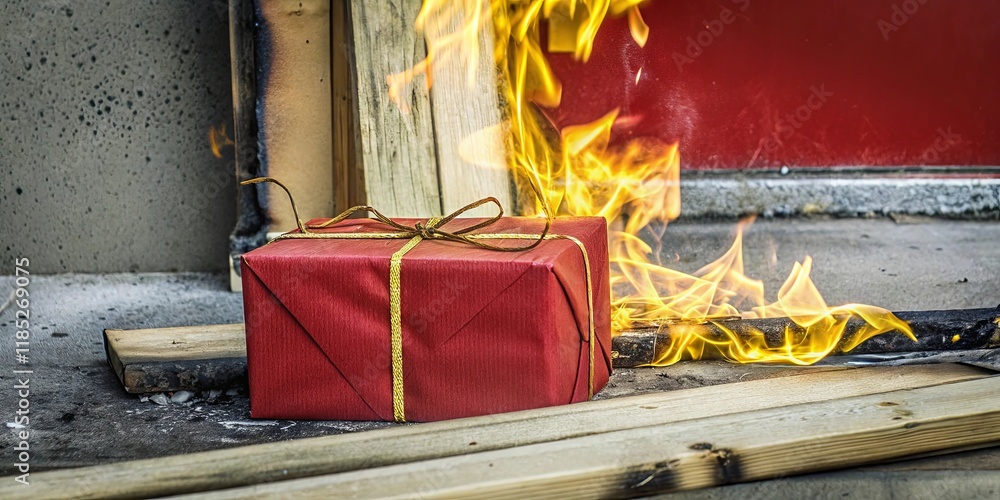 Poster a red box with a gold ribbon on it is on fire