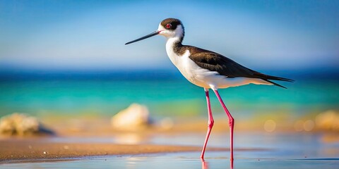 Obraz premium Close-Up Portrait of a Black and White Bird Winged Stilt on Long Legs at Sandy Beach in Summer Sunlight