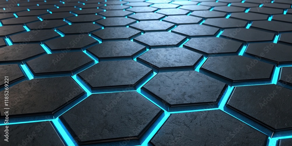 Poster A black and blue hexagonal pattern with a blue light shining on it