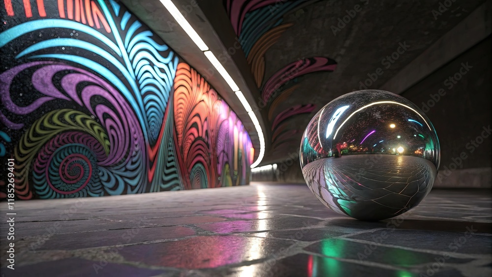 Aufkleber a shiny ball is sitting on a tiled floor in front of a colorful mural