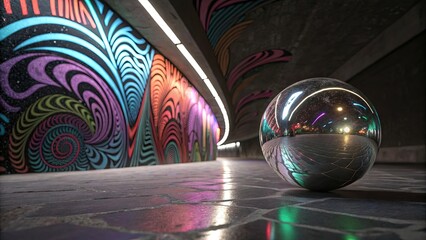 Obraz premium A shiny ball is sitting on a tiled floor in front of a colorful mural