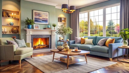 Cozy Living Room with Fireplace, Elegant Decor, and Warm Ambiance for Relaxation and Comfort