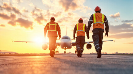 Workers in safety gear walk towards an airplane at sunset, highlighting teamwork and airport operations in a vibrant, glowing environment.