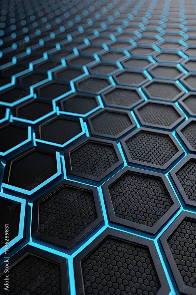 Poster a blue and black hexagonal pattern with a blue and white background