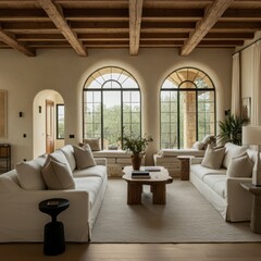 Fototapeta premium Luxurious rustic living room, panoramic mountain view, exposed wooden beams, stone fireplace, cozy white sofas, natural textures, earth tones, large windows, modern minimalist decor, open concept desi