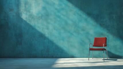 a red chair sitting in a room with a blue wall