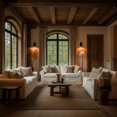 Fototapeta premium Luxurious rustic living room, panoramic mountain view, exposed wooden beams, stone fireplace, cozy white sofas, natural textures, earth tones, large windows, modern minimalist decor, open concept desi