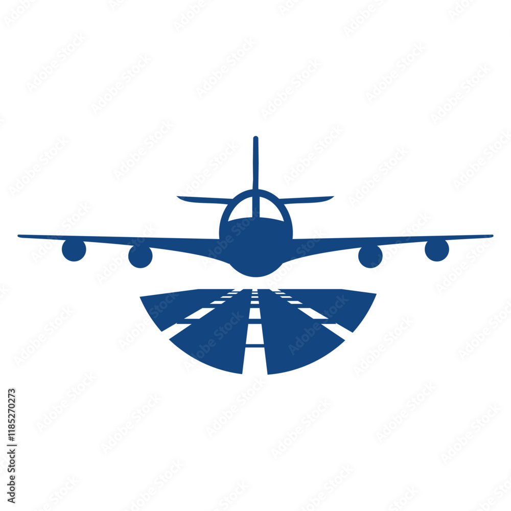 Poster the image shows a flat logo design in round shape of an airplane taking off from the runway in an ai
