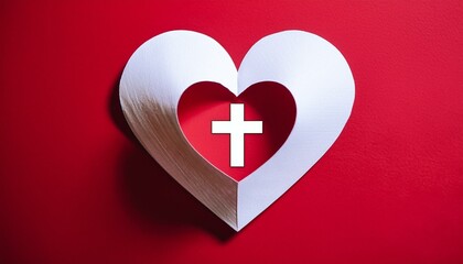 A white heart with a cross in its center, against a red background. Faith, love, and hope.
