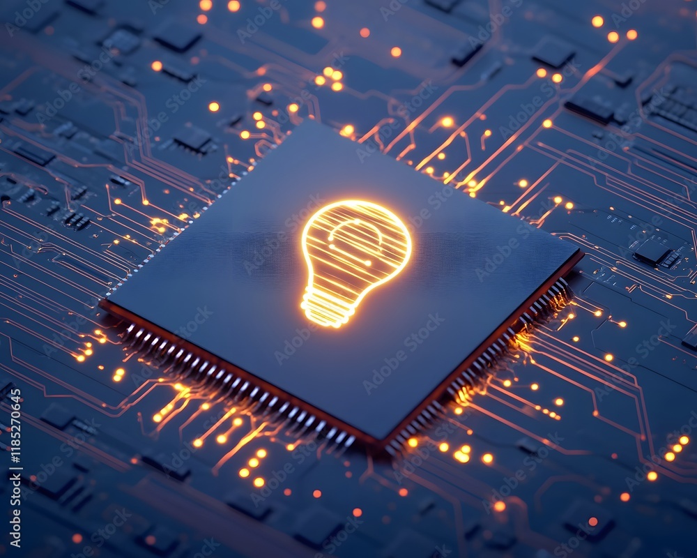 Aufkleber lightbulb icon on microchip circuit board