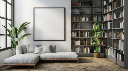 Library room with blank photo frame on the wall, version 37