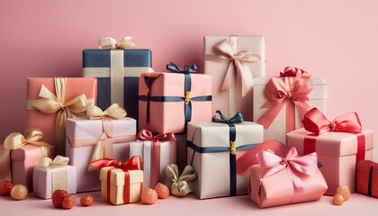 Obraz premium A pile of beautifully wrapped gifts in various shades of pink and beige, tied with elegant bows.