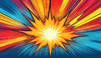 Obraz premium Retro Comic-Style Explosion Design with Vibrant Colorful Rays and Dynamic Pop-Art Background, Capturing Bold Energy, Fun Visual Impact, and Vintage Aesthetic for Graphic Art and Design Projects