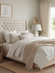 Elegant Beige Bedroom With Wooden Bed and Neutral Decor