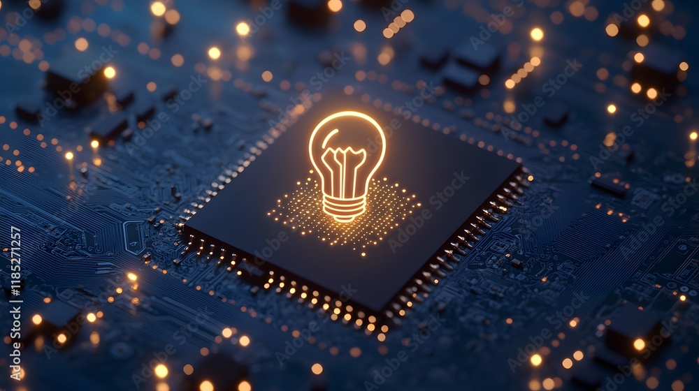 Poster illuminated lightbulb icon on microchip circuit board