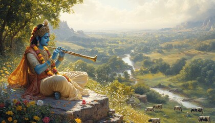 Krishna Flute Deity in Serene Landscape with Cows and Green Hills