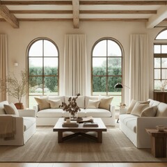 Naklejka premium Luxurious rustic living room, panoramic mountain view, exposed wooden beams, stone fireplace, cozy white sofas, natural textures, earth tones, large windows, modern minimalist decor, open concept desi