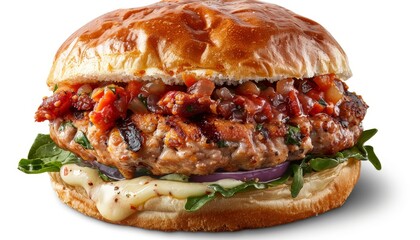 A juicy grilled turkey burger topped with a flavorful tomato relish, creamy mayo, red onion and spinach on a soft brioche bun.