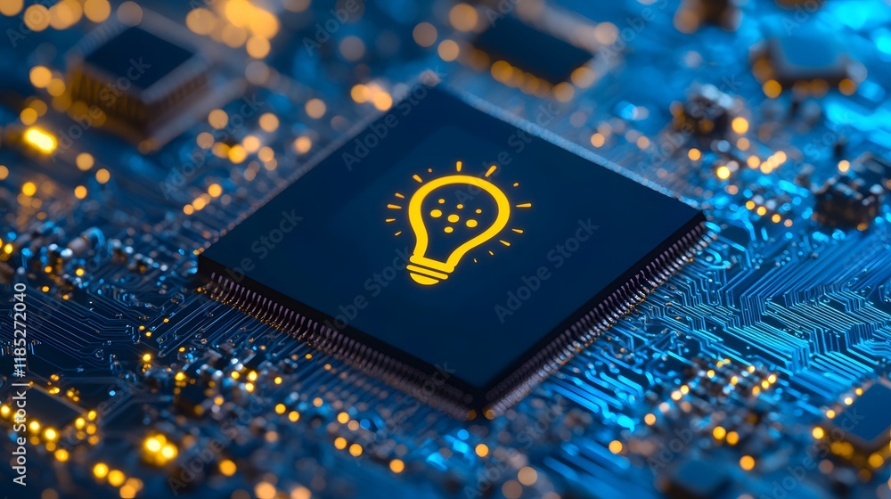 Poster lightbulb icon on microchip circuit board