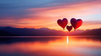 Obraz premium Releasing love balloons at sunset over a tranquil lake capturing emotions and dreams in nature