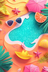 A vibrant summer scene featuring a pool, beach umbrellas, and tropical elements.