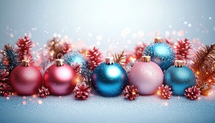 Vibrant Christmas Decoration Scene with Blue and Pink Ornaments and Soft Light