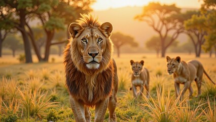 A majestic male lion leads the way, his tawny coat and shaggy brown mane a stunning sight as he pads across a sun-kissed savannah with two elegant females at his heels