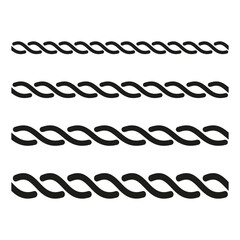Braided rope elements. Abstract wave patterns. Horizontal black strands. Vector illustration.