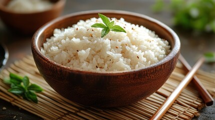 Steamed white rice served in a wooden bowl with chopsticks and herbs.