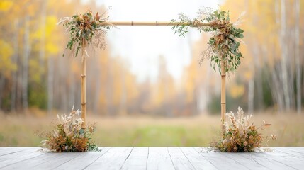 A wooden archway with flowers and leaves is set in a field