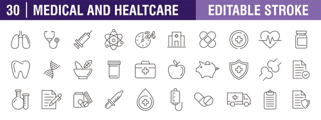 Collection of medical and healthcare icons. Treatment, health, clinic, doctor. Vector design template, signs, symbols, editable stroke.