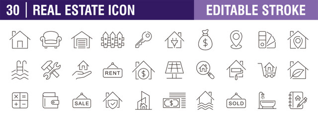 Collection of real estate icons. Sales, rental, repair, investment. Vector design template, signs, symbols, editable stroke.