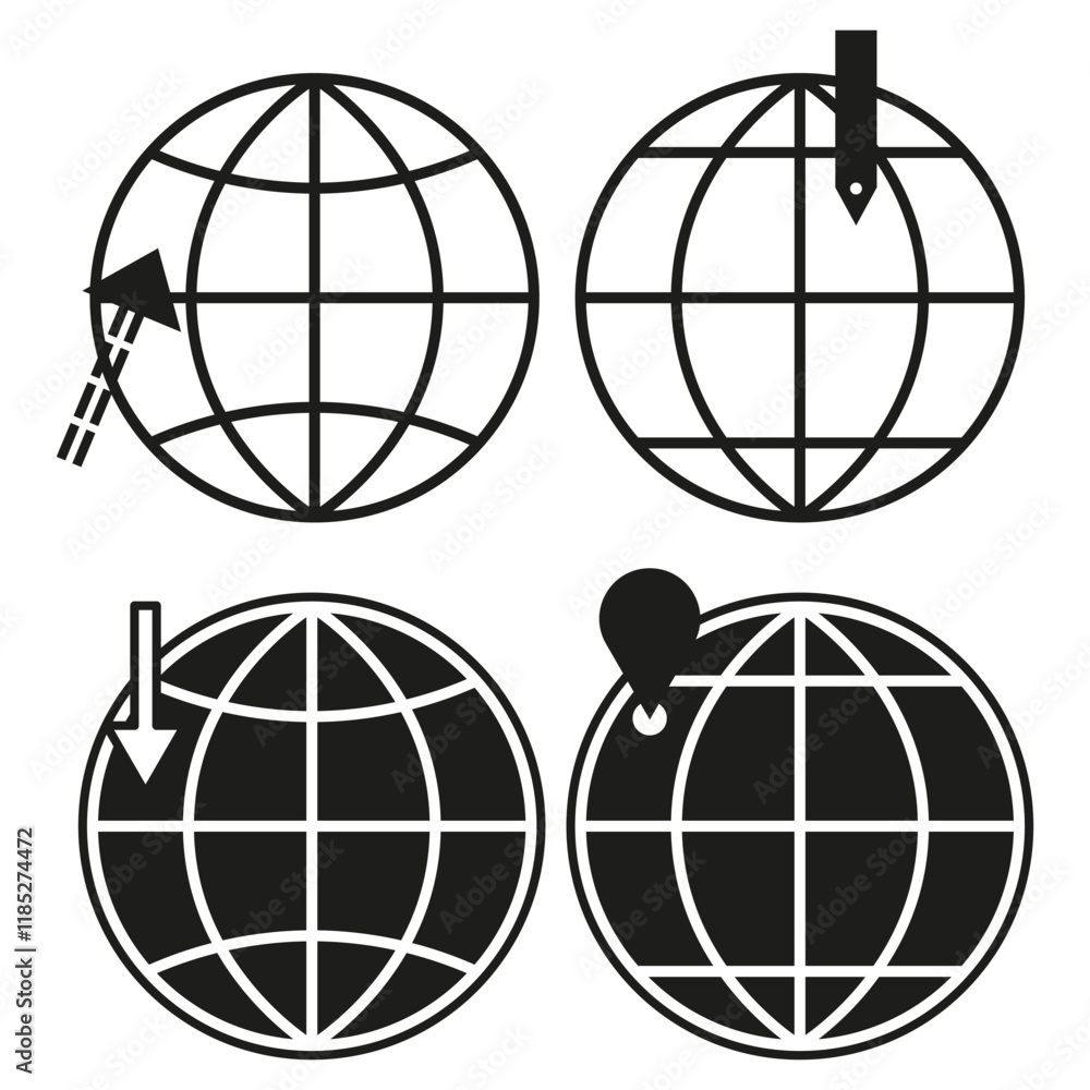 Poster globe with arrow. global location symbol. geographic pinpoint shape. world vector icon.