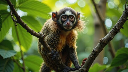 Fototapeta premium A majestic golden colobus monkey gazes curiously from its treetop perch, surrounded by a lush canopy of green foliage