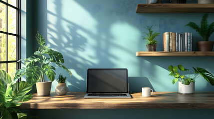 Fototapeta premium Sunlit home office desk, plants, books