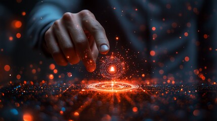 Hand activating futuristic glowing interface.